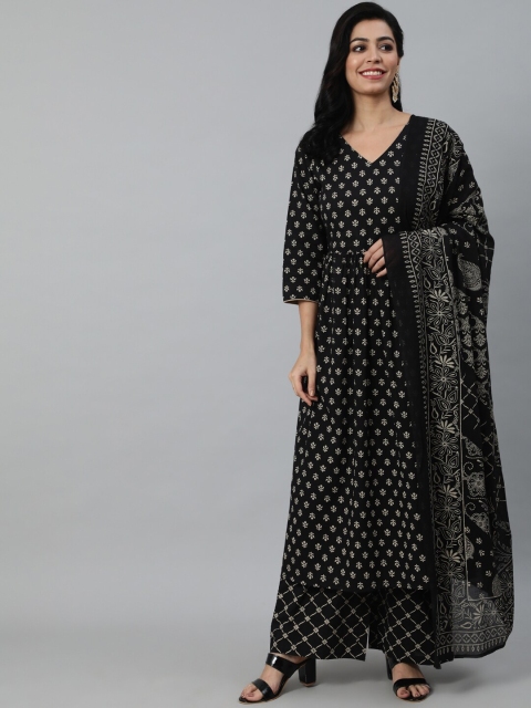 

Nayo Women Black Ethnic Motifs Printed Pure Cotton Kurta with Palazzos & With Dupatta