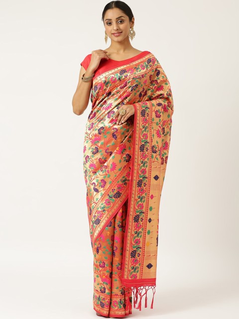 

KARAGIRI Red & Blue Floral Zari Silk Blend Paithani Saree
