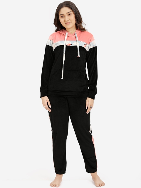 

July Nightwear Women Black & Pink Colourblocked Tracksuit