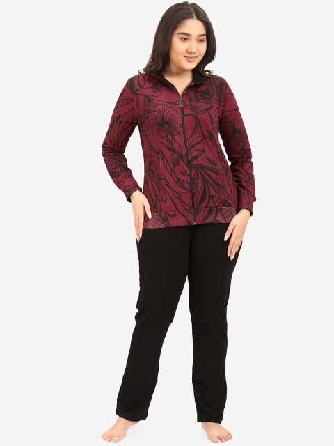 

July Nightwear Women Burgundy & Black Printed Winter Night suit