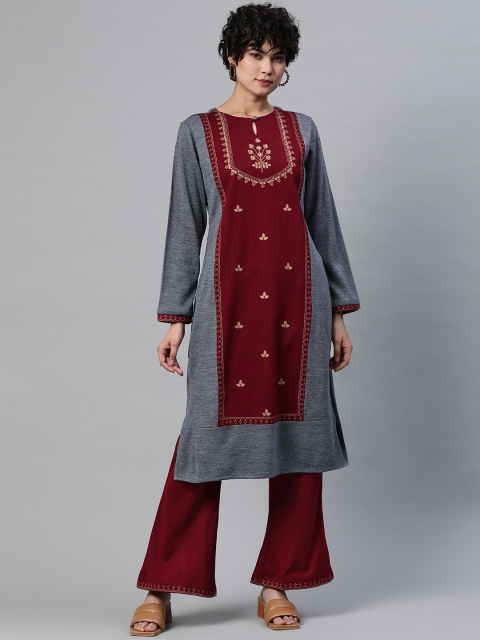 

Laabha Women Grey Ethnic Motifs Embroidered Pure Wool Kurta with Palazzos