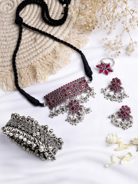 

TEEJH Oxidised Silver-Toned & Red Stoned Studded Ghungroo Jewellery Set