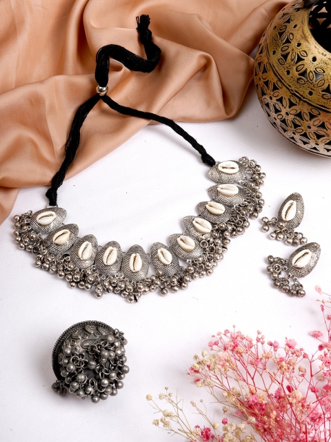 

TEEJH Oxidised Silver-Toned & White Stones-Studded Aarani Jewellery Set