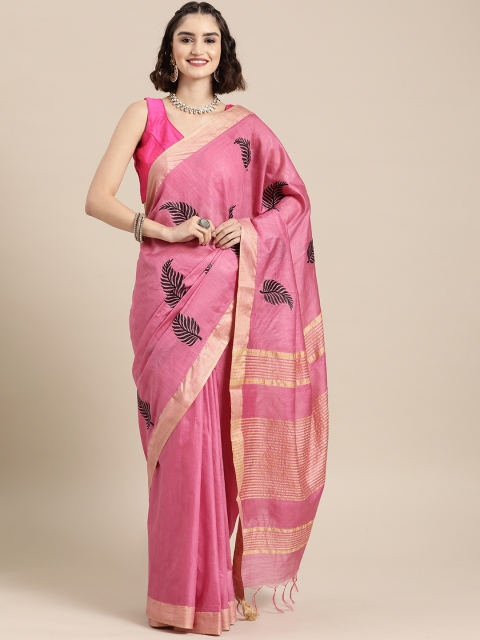

BharatSthali Pink & Black Woven Design Silk Cotton Maheshwari Saree