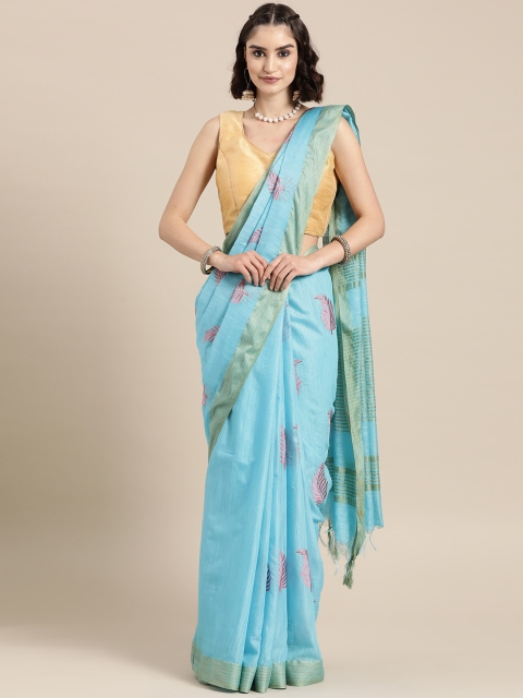 

BharatSthali Blue & Pink Woven Design Silk Cotton Maheshwari Saree