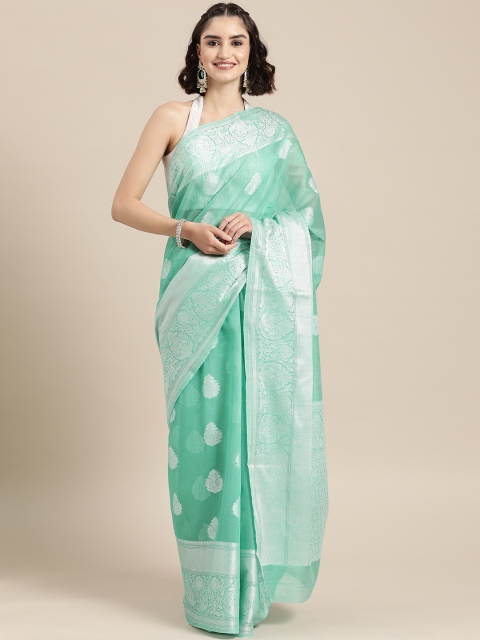 

BharatSthali Green & Silver-Toned Woven Design Silk Cotton Banarasi Saree