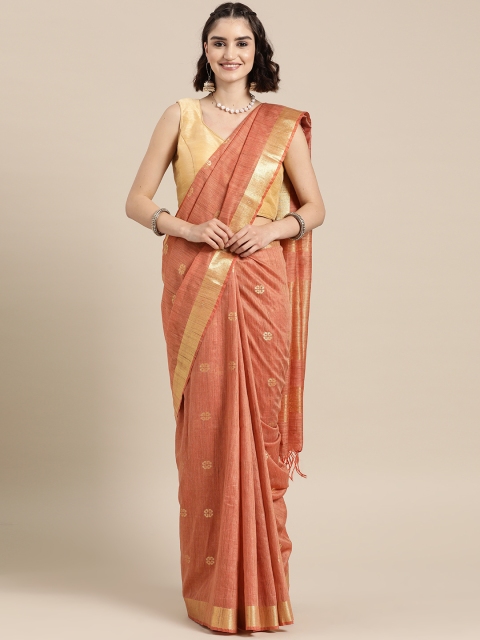 

BharatSthali Peach-Coloured & Gold-Toned Woven Design Silk Cotton Tussar Saree