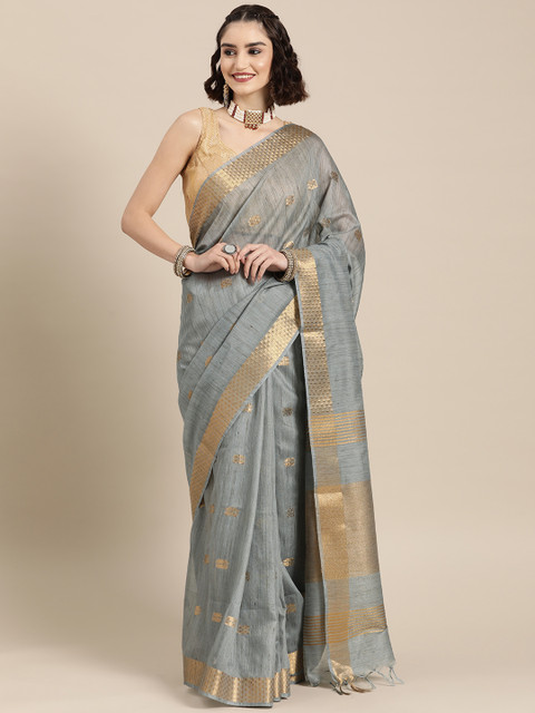 

BharatSthali Grey Melange & Gold-Toned Woven Design Zari Tussar Saree
