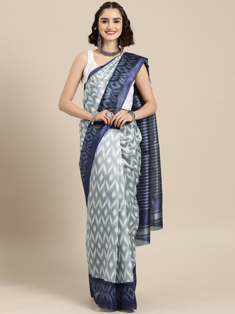 

BharatSthali Blue & White Ikat Woven Design Art Silk Sambalpuri Saree