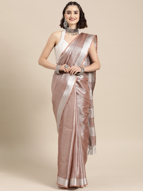 

BharatSthali Brown & Silver-Toned Linen Woven Design Banarasi Saree