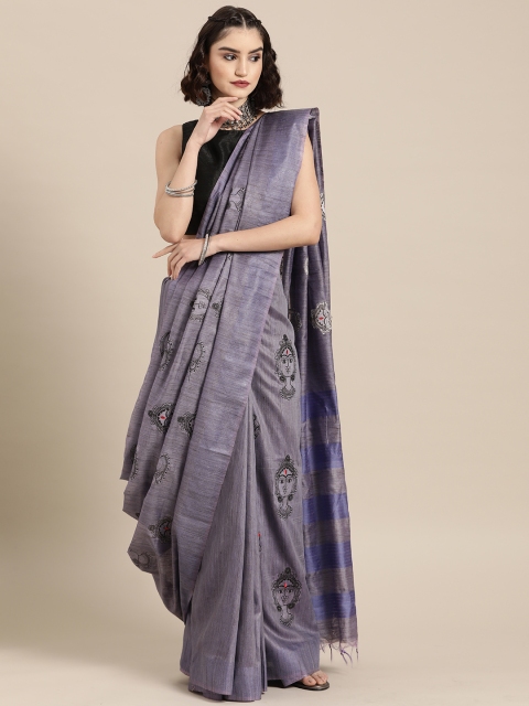 

BharatSthali Lavender Kalamkari Embroidered Tussar Saree