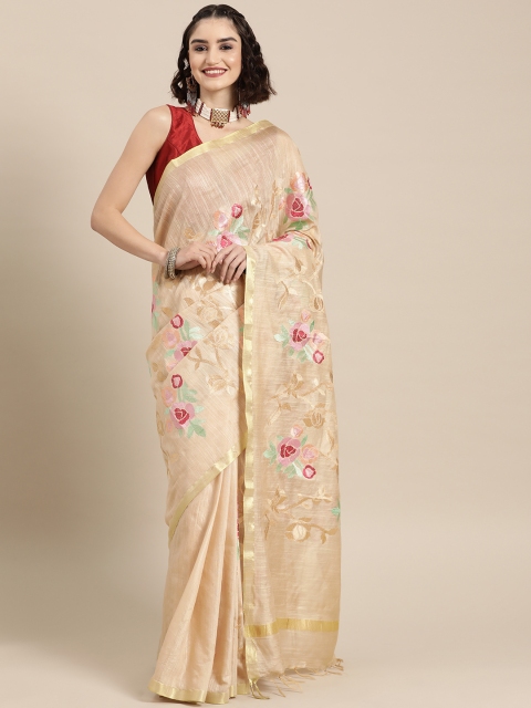 

BharatSthali Beige Floral Embroidered Zari Mangalagiri Saree