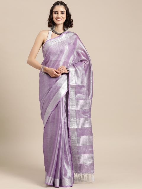 

BharatSthali Purple & Silver-Toned Pure Linen Banarasi Saree