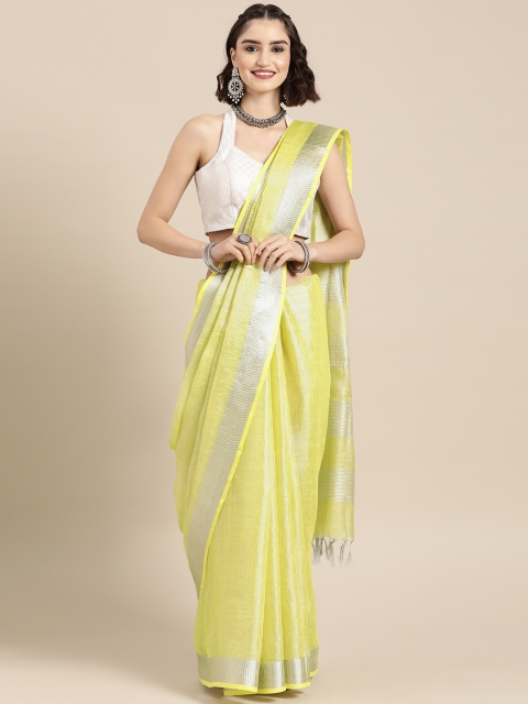

BharatSthali Yellow & Silver-Toned Solid Zari Pure Linen Banarasi Tissue Saree