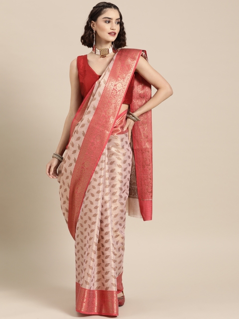 

BharatSthali Off White & Pink Woven Design Zari Banarasi Tissue Saree