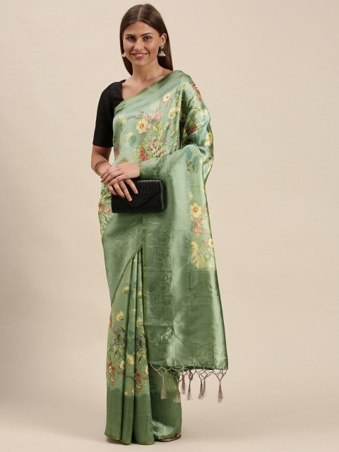 

cbazaar Green & Yellow Floral Art Silk Saree