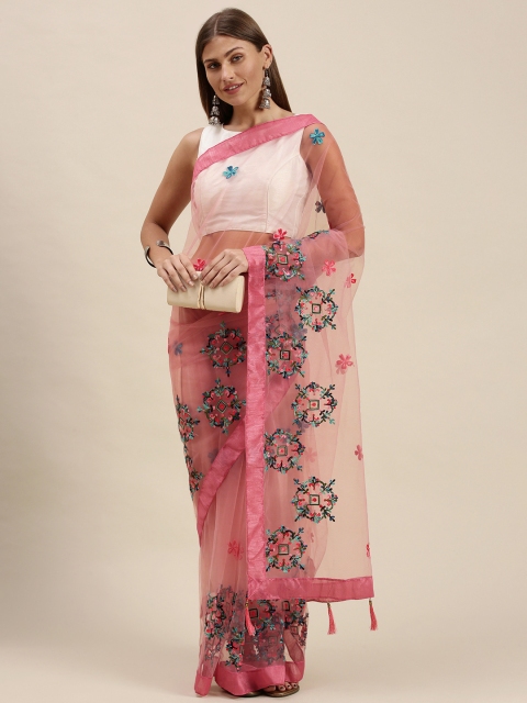 

cbazaar Pink & Blue Ethnic Motifs Embroidered Net Saree