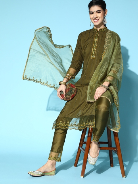 

Indo Era Striped Tussar Silk Net Kurta Set, Olive