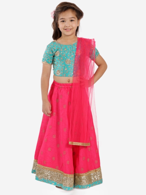 

KID1 Girls Pink & Turquoise Blue Embroidered Sequinned Ready to Wear Lehenga & Blouse With Dupatta