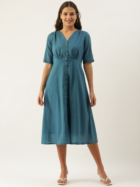 

OKHAI Blue Pure Cotton Solid A-Line Midi Dress