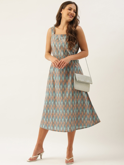 

OKHAI Grey & Blue Pure Cotton Handblock A-Line Midi Dress