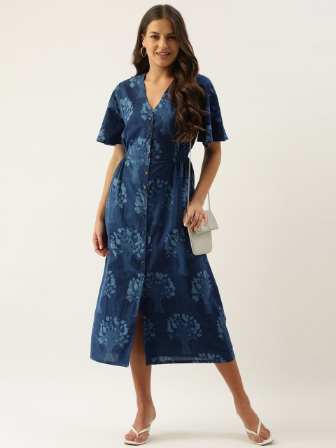 

OKHAI Blue Pure Cotton Handblock Print A-Line Midi Dress