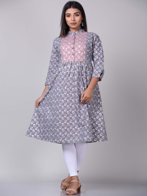 

KALINI Women Grey & Pink Ethnic Motifs Yoke Design Cotton A-line Kurta