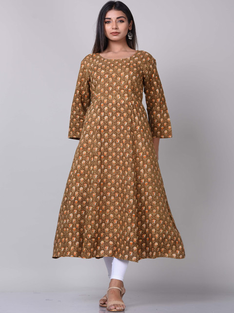 

KALINI Women Brown Ethnic Motifs Printed Flared Sleeves Thread Work Kurta