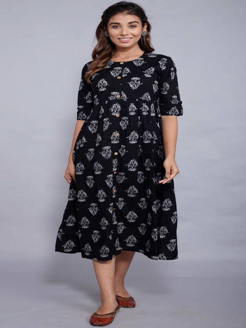 

KALINI Women Black & White Ethnic Motifs Printed Floral Cotton A-line Kurta