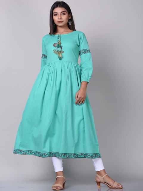 

KALINI Women Blue Cold-Shoulder Sleeves Thread Work Anarkali Kurta