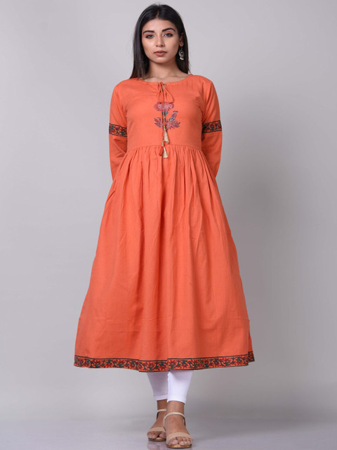 

KALINI Women Orange Thread Work A-Line Kurta