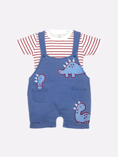 

BABY GO Boys Blue & White Printed Pure Cotton Dungarees With T-Shirt