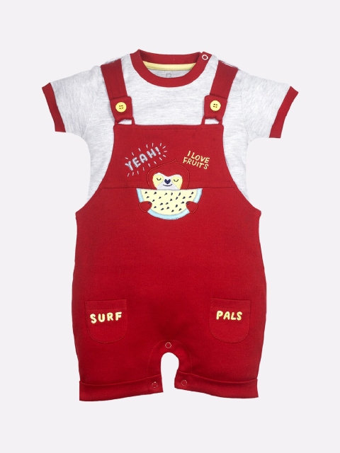 

BABY GO Infant Boys Red & Grey Melange Embroidered Pure Cotton Dungarees With T-shirt