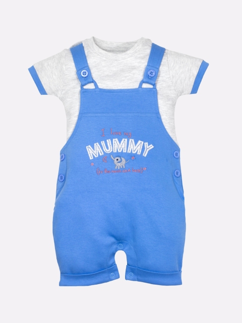 

BABY GO Infant Girls Blue & Grey Melange Embroidered Pure Cotton Dungarees With T-Shirt