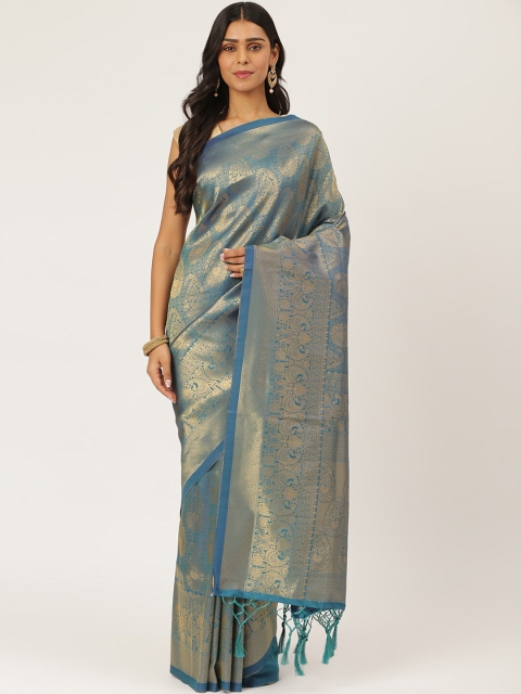 

KARAGIRI Blue & Gold-Coloured Paisley Zari Silk Blend Kanjeevaram Saree