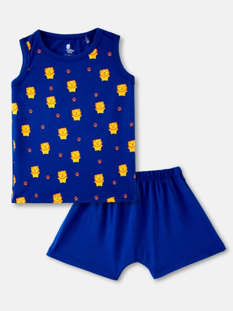 

Cuddles for Cubs Kids Blue & Yellow Printed Pure Cotton Top with Shorts