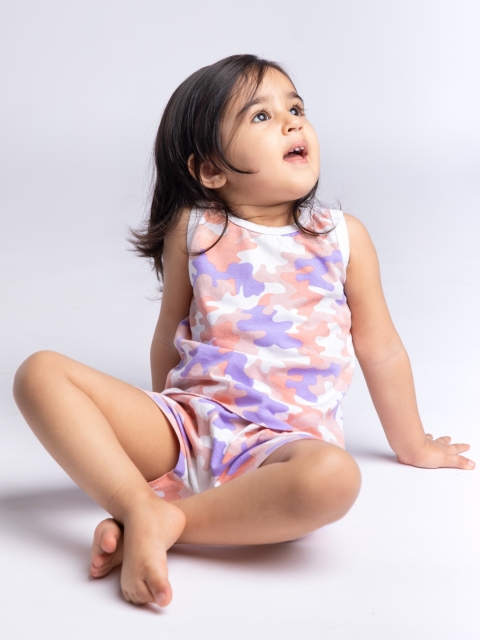 

Cuddles for Cubs Kids Peach-Coloured & Violet Pure Cotton Printed Top with Shorts