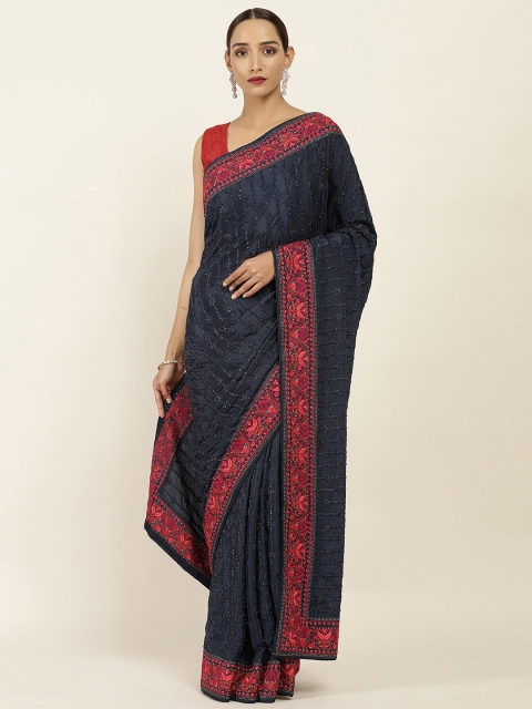 

Soch Women Navy Blue & Red Floral Embroidered Pure Crepe Saree