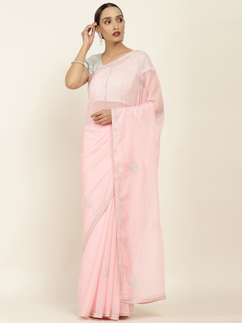 

Soch Pink & Silver-Toned Floral Embroidered Pure Chiffon Saree