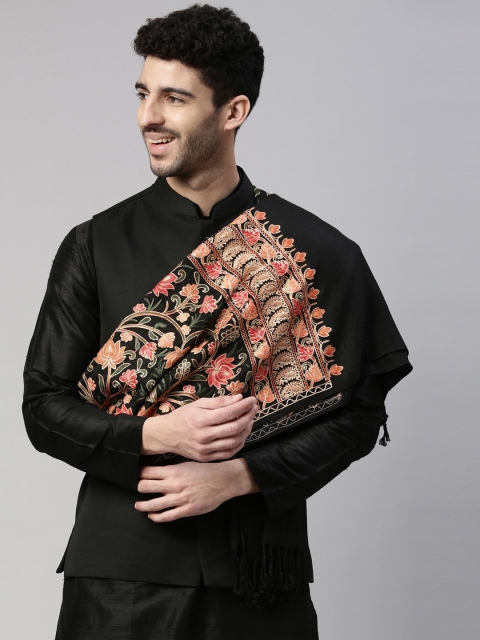 

Pashmoda Men Black & Orange Embroidered Aari Wool Shawl