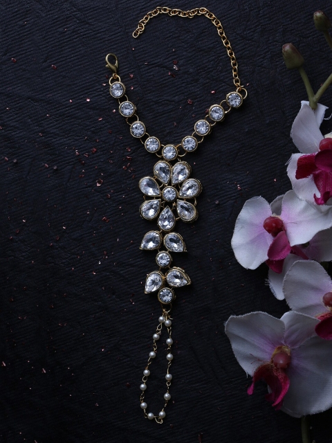 

LIVE EVIL Women White & Gold-Toned Kundan Studded Single Finger Hath Phool Bracelet