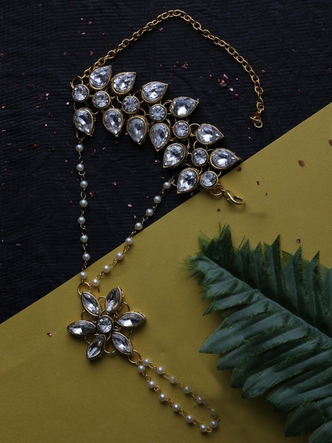 

LIVE EVIL Women White & Gold-Toned Kundan Studded Single Finger Hath Phool Bracelet