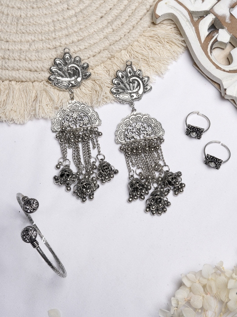 

TEEJH Oxidised Silver-Toned & White Stones-Studded Jewellery Set