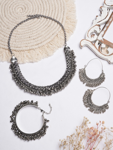 

TEEJH Silver-Toned Ghungroo Oxidised Jewellery Set