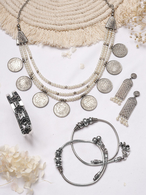 

TEEJH Silver-Toned Off White Beaded Oxidised Jewellery Set
