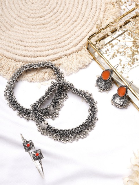 

TEEJH Silver-Toned Orange Stone-Studded Oxidised Jewellery Set