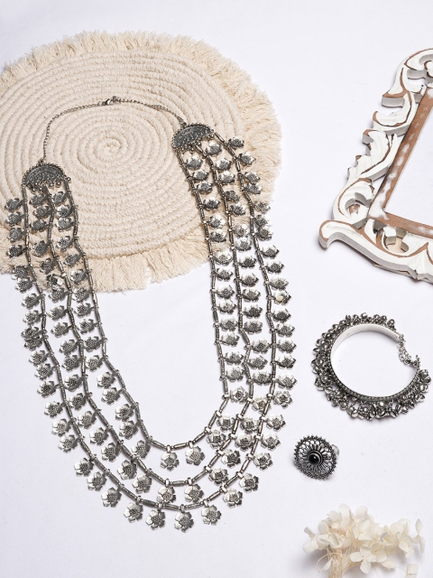 

TEEJH Silver-Toned White & Black Stone Studded Oxidised Jewellery Set