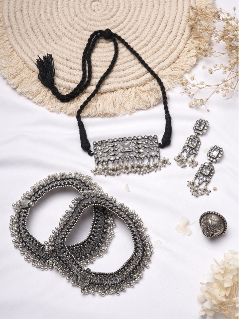 

TEEJH Silver-Toned & White Stone-Studded & Beaded Oxidised Jewellery Set