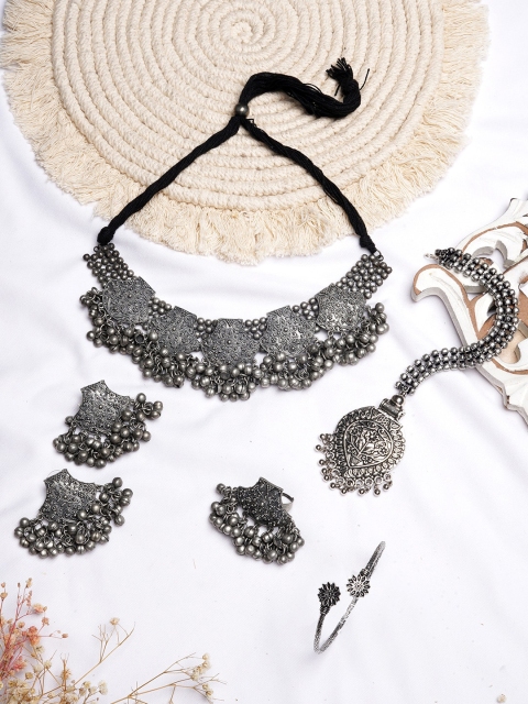 

TEEJH Silver-Toned Ghungroo Oxidised Jewellery Set