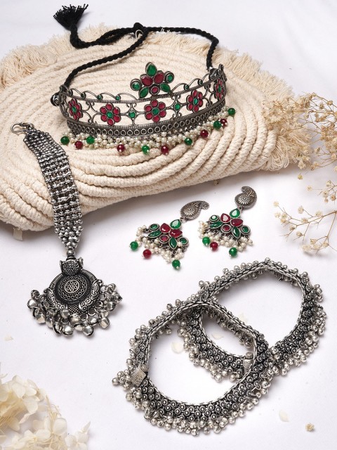 

TEEJH Oxidised Silver-Plated Green & Maroon Stone-Studded Deveni Jewellery Gift Set